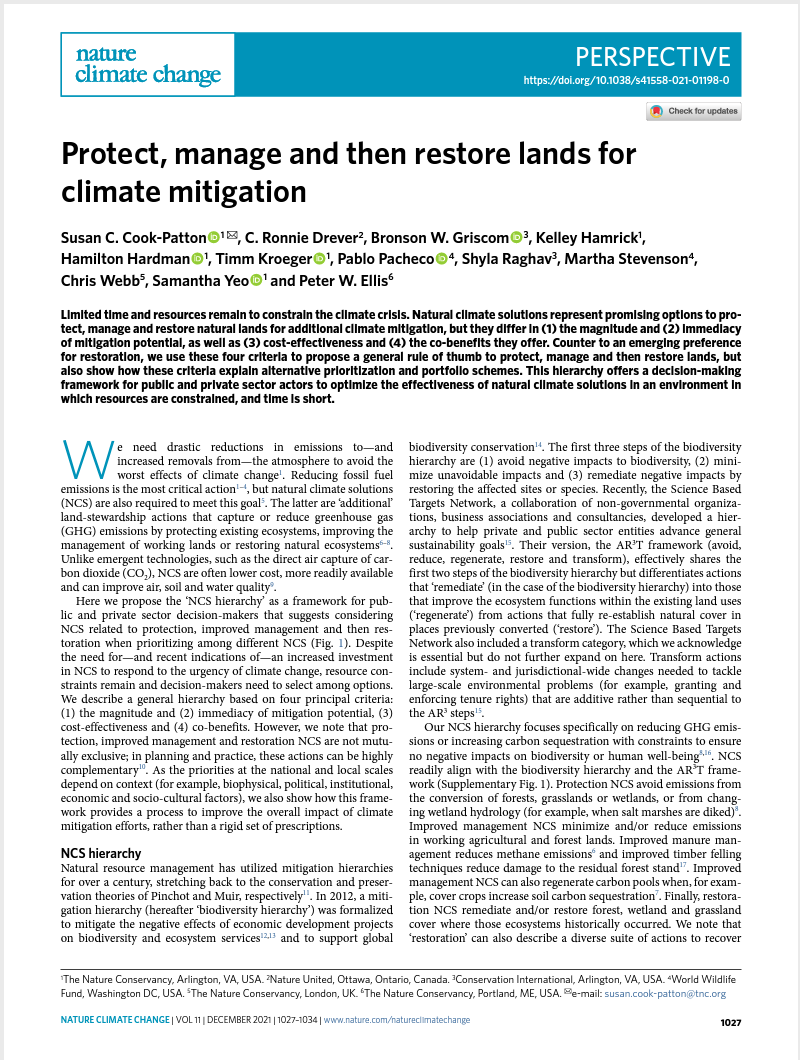 Study published in Nature: Climate Change with lead authors Susan Cook-Patton and Ronnie Drever