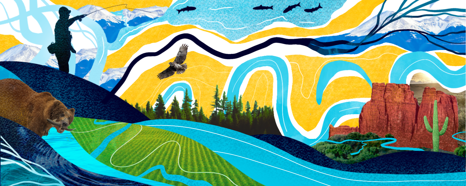 Colourful graphic of a river with people and animals.